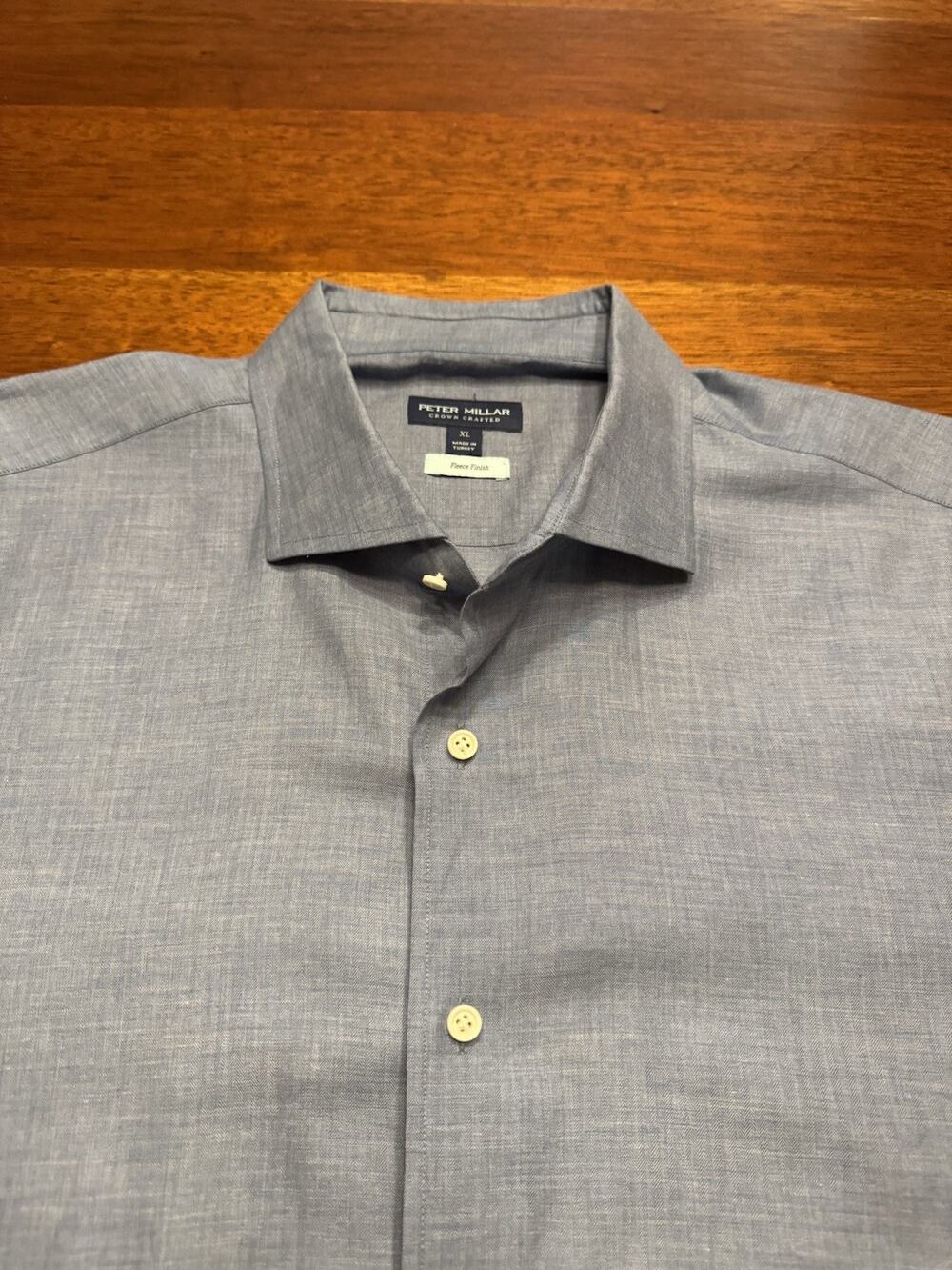 XL Peter Millar Crown Crafted Fleece Finish Blue Cotton Button Down Dress Shirt